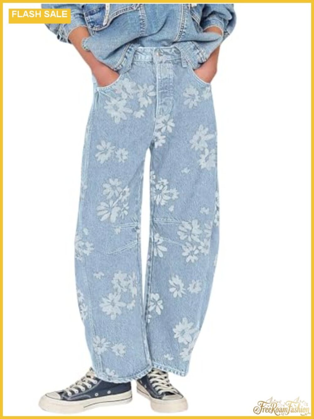 Women's Mid Rise Wide Leg Floral Print Barrel Denim Jeans Baggy Boyfriend Style